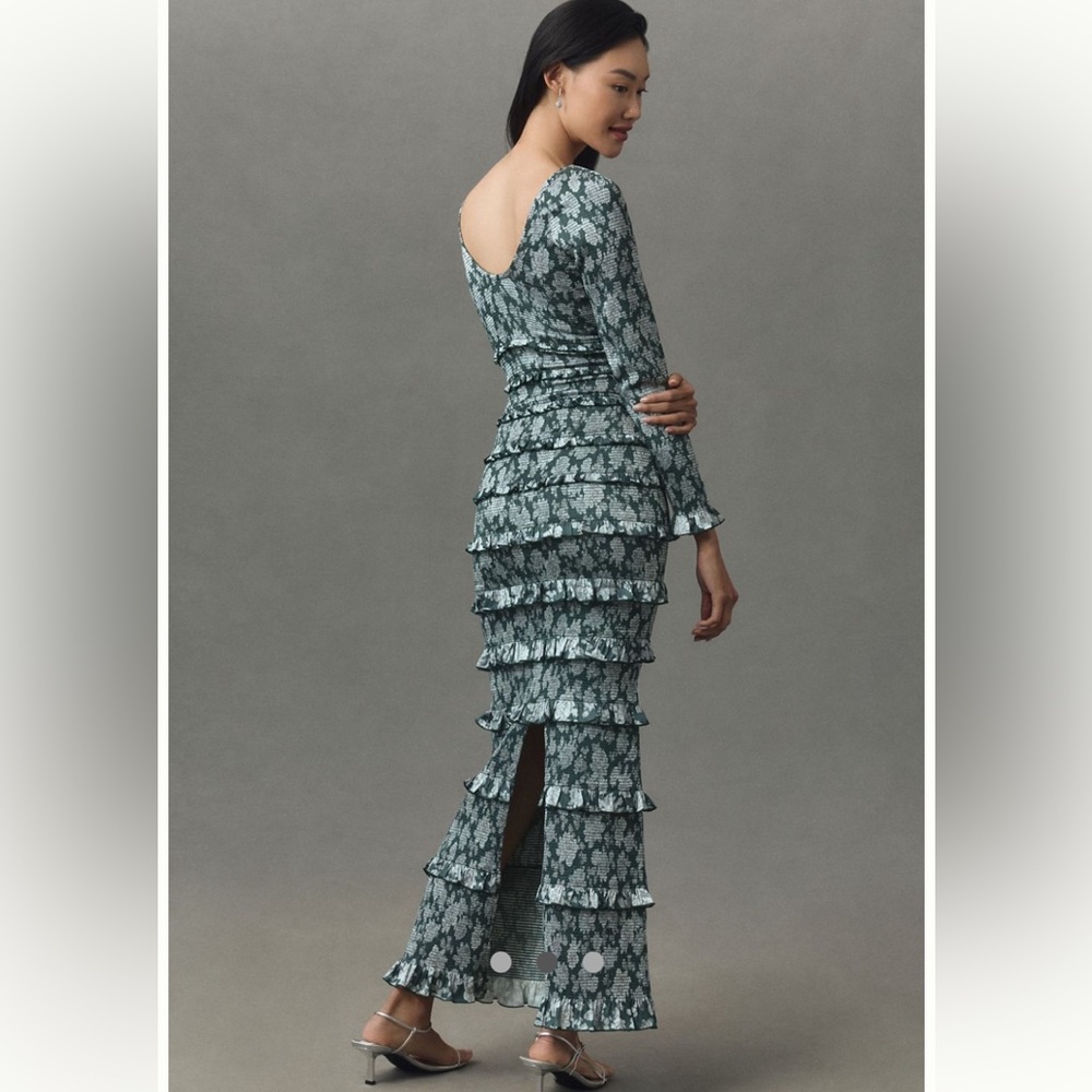 NWT Anthropologie V. Chapman Green Floral Longsleeve Ruched Ruffle Maxi Dress - Picture 2 of 3